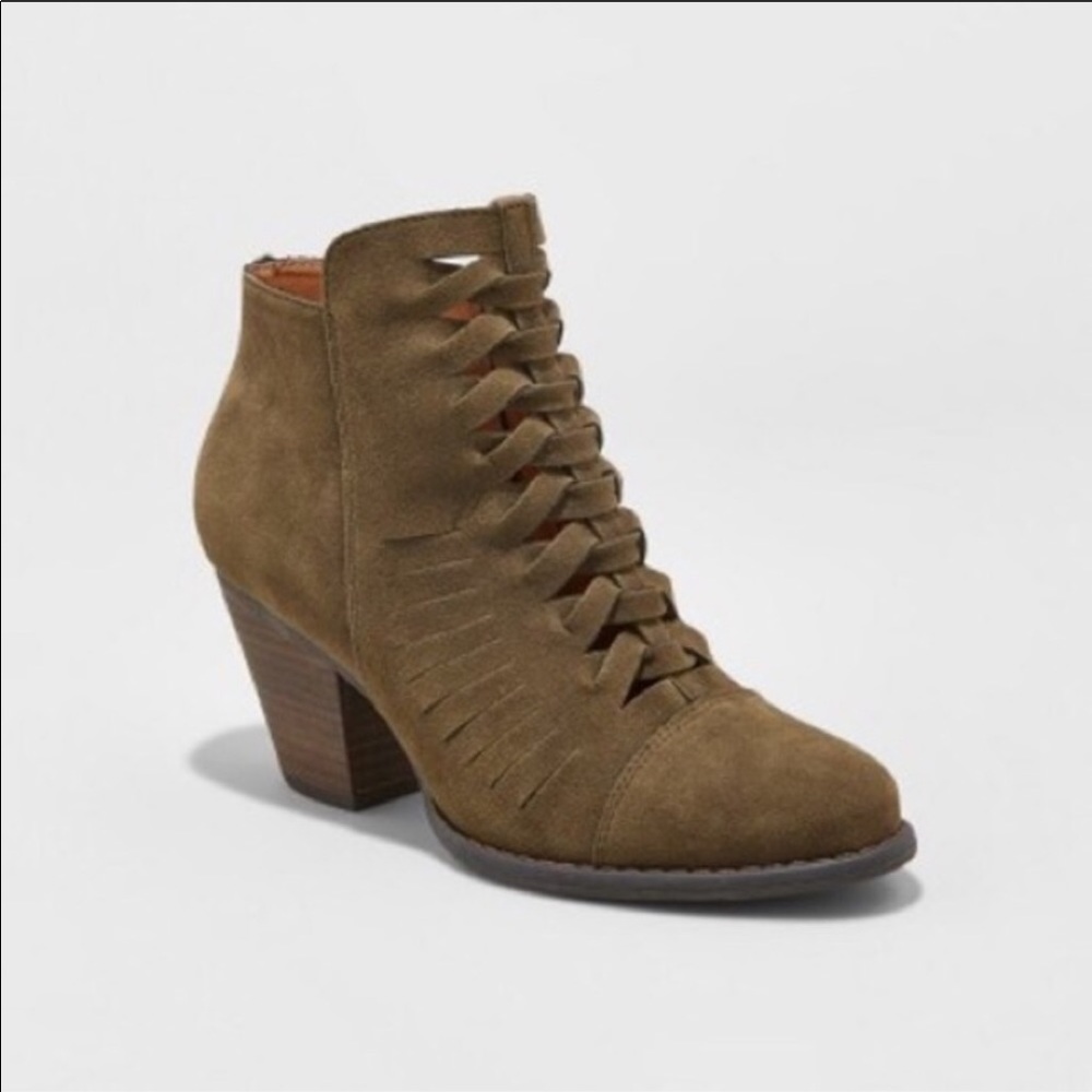 Olive green woven front ankle booties